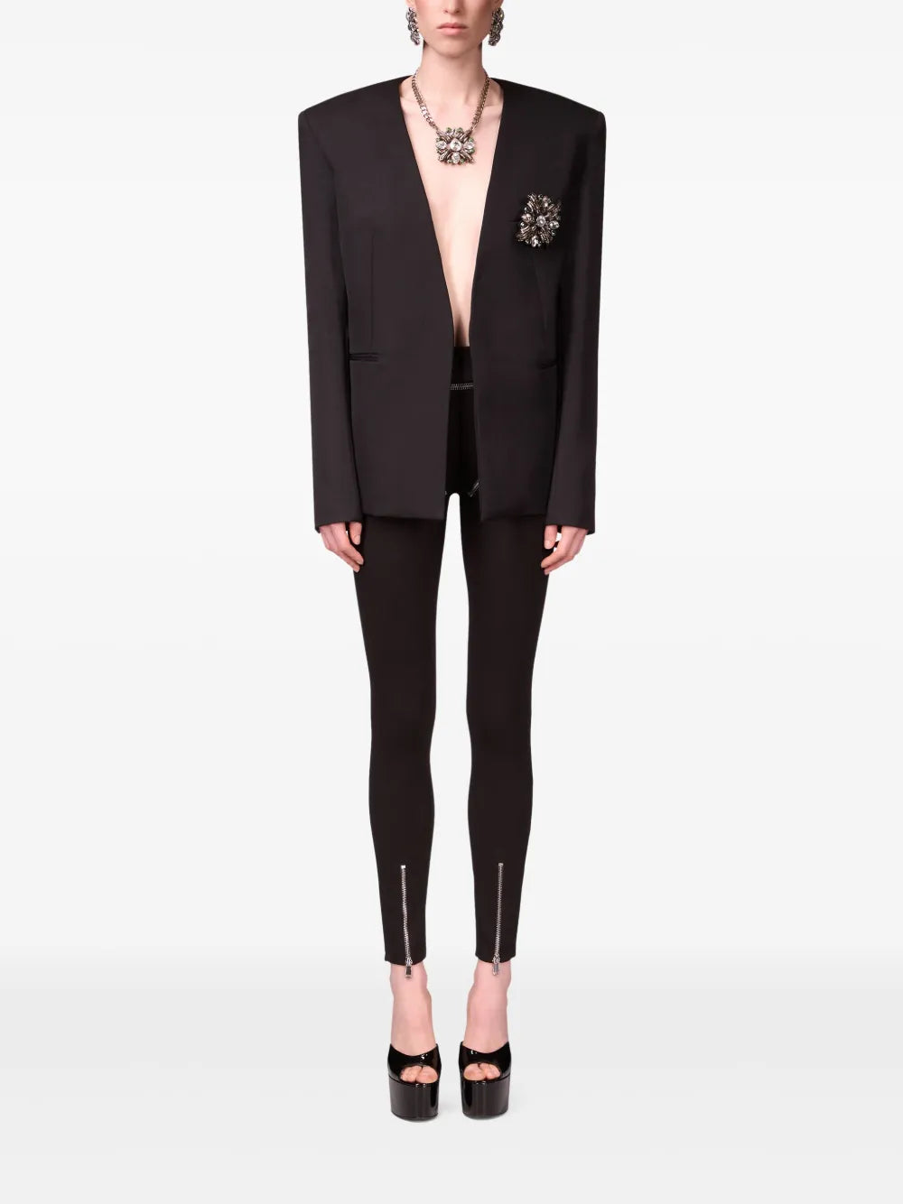 Crystal-Brooch Collarless Blazer