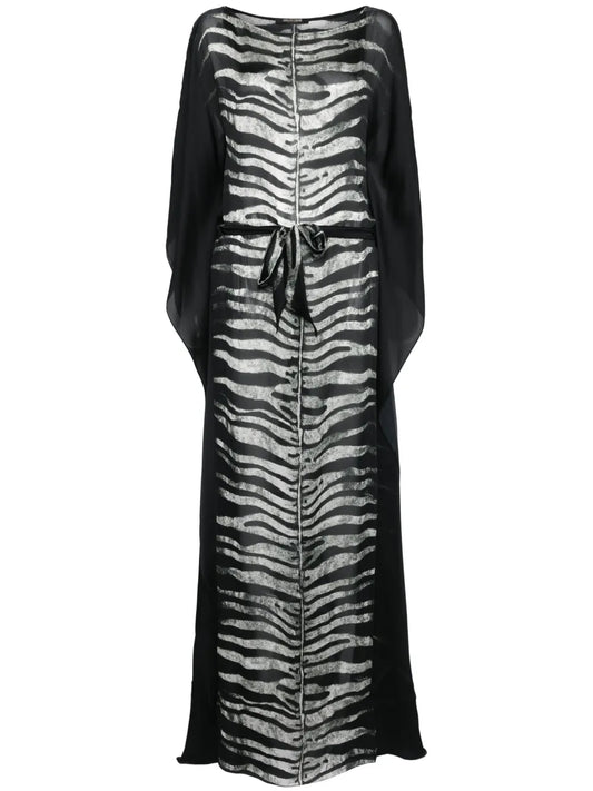 Zebra-Print Belted Maxi Dress