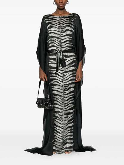 Zebra-Print Belted Maxi Dress