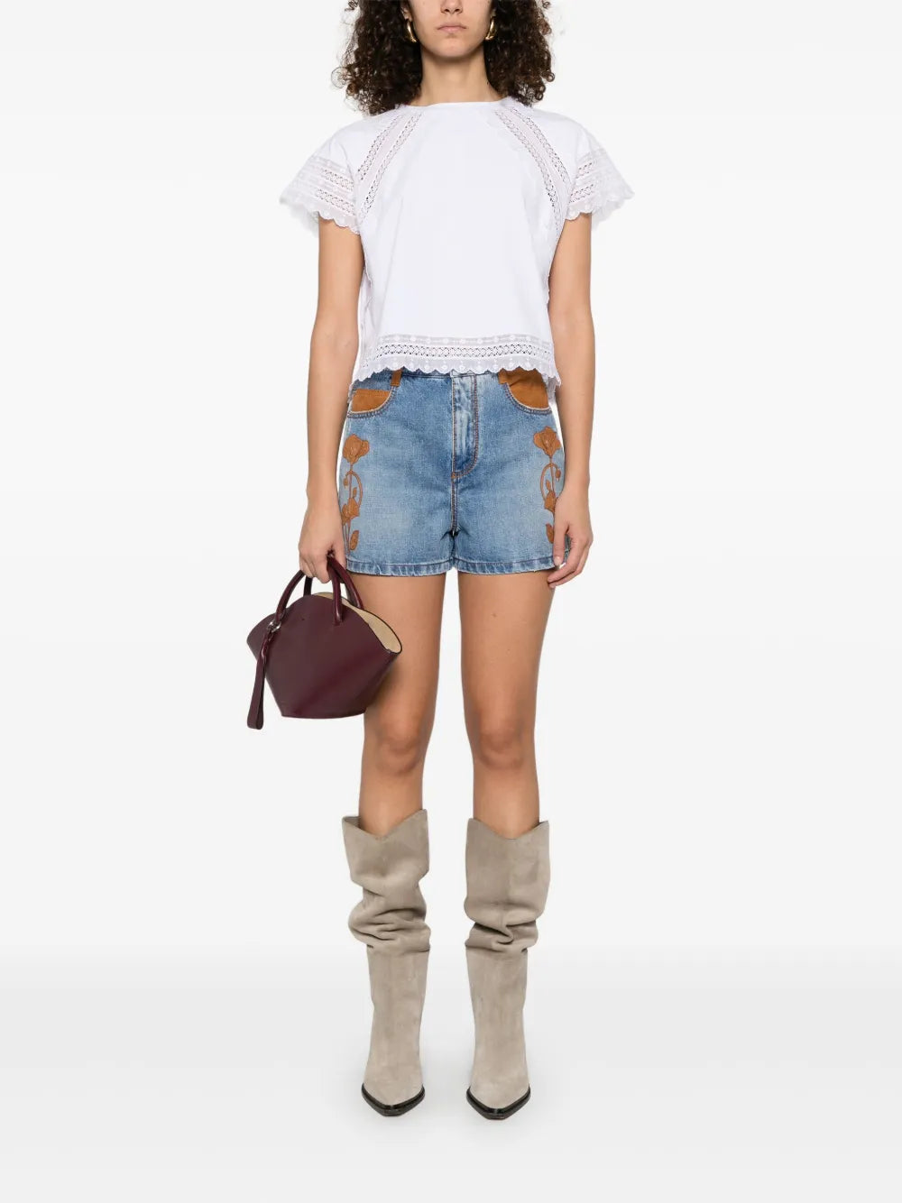 Floral-Detail Denim Shorts