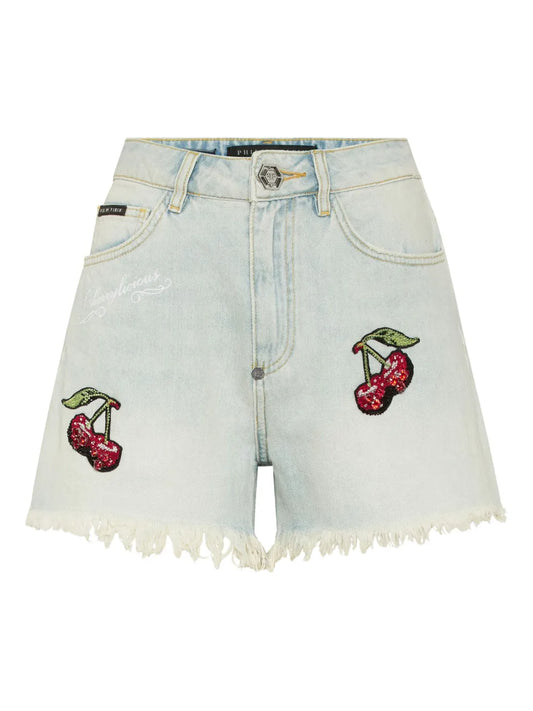 Cherry-Embroidery Denim Shorts