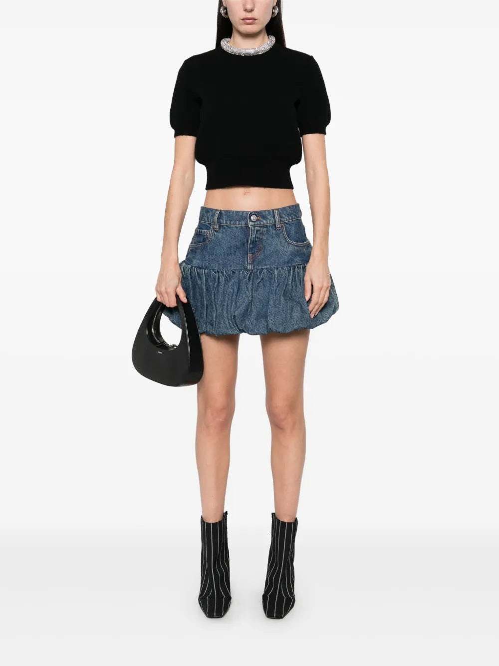 Gathered-Hem Denim Mini Skirt