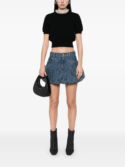 Gathered-Hem Denim Mini Skirt
