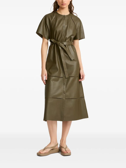Belted Leather Midi Dress