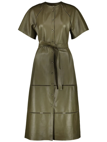 Belted Leather Midi Dress