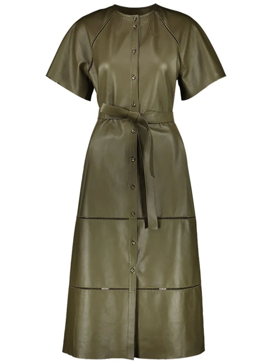 Belted Leather Midi Dress
