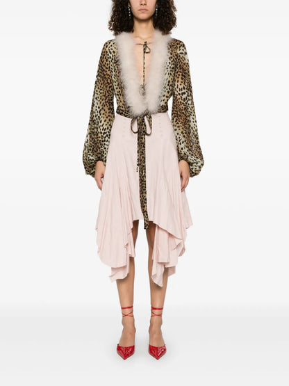 Leopard-Print Feather-Trim Blouse