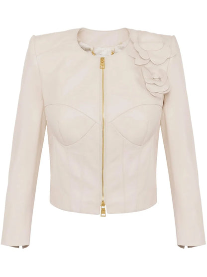 Flower Appliqués Leather Jacket