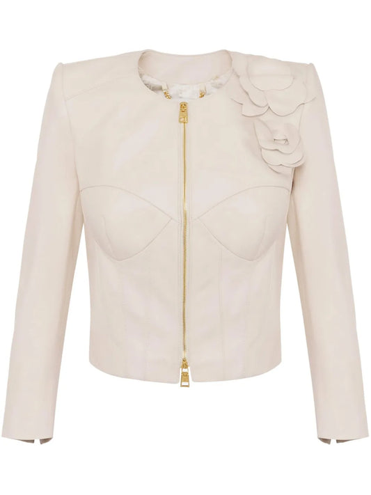 Flower Appliqués Leather Jacket