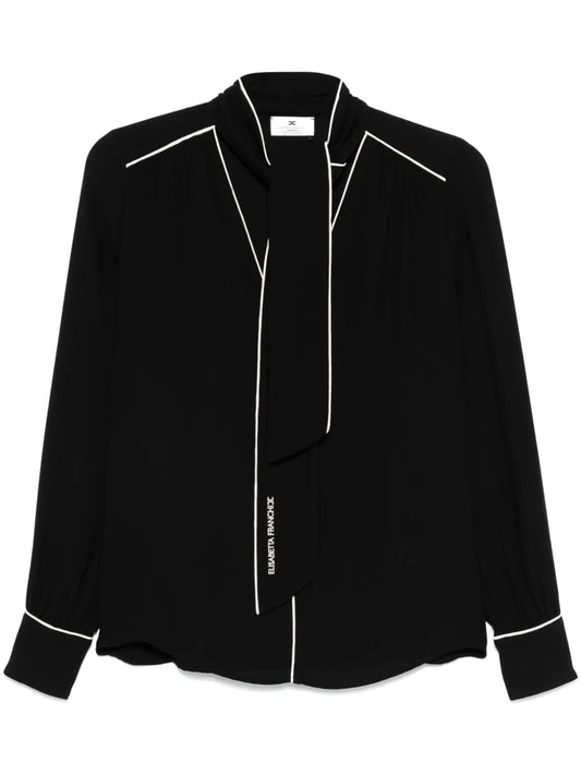 Piped-Trim Tie-Neck Blouse