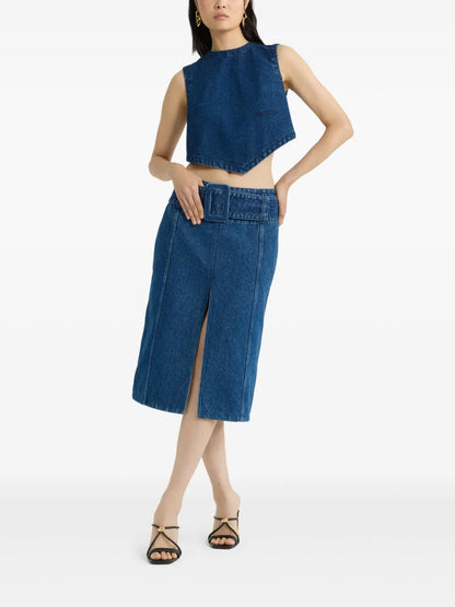 Belted Denim Midi Skirt
