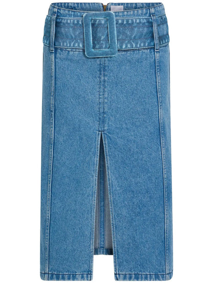 Belted Denim Midi Skirt