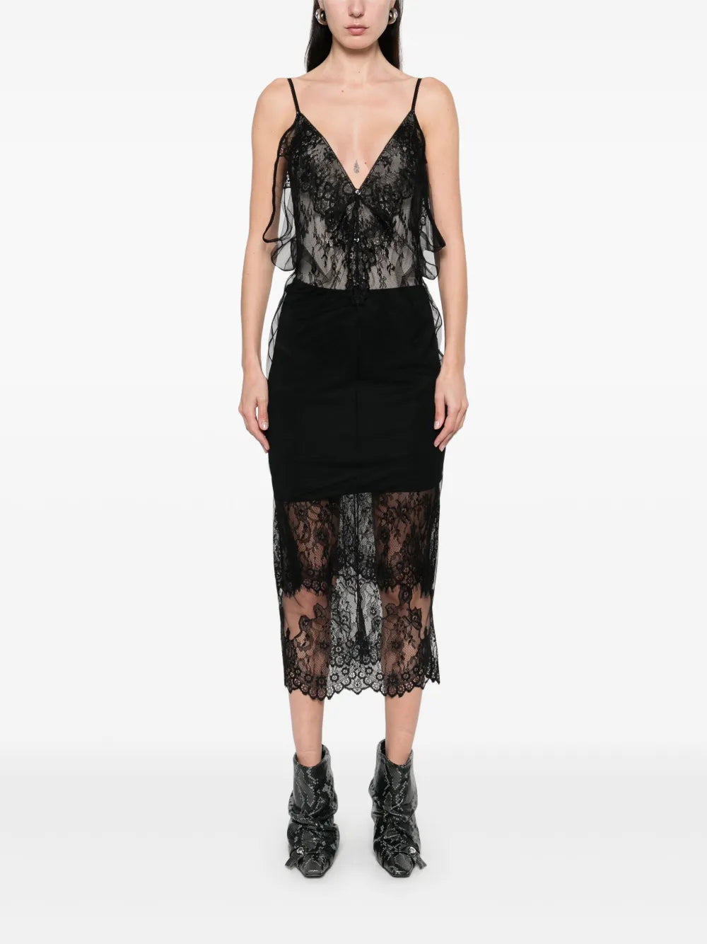 Lace-Panel Midi Skirt
