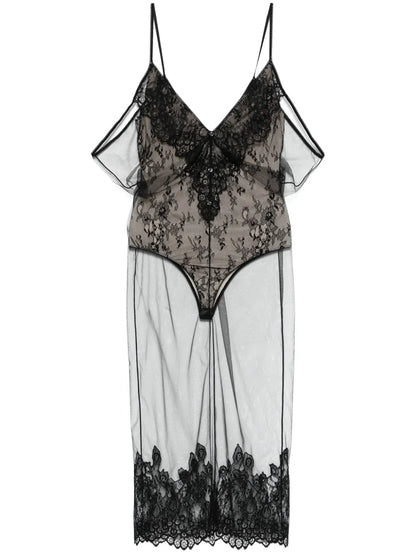 Tulle-Overlay Midi Dress