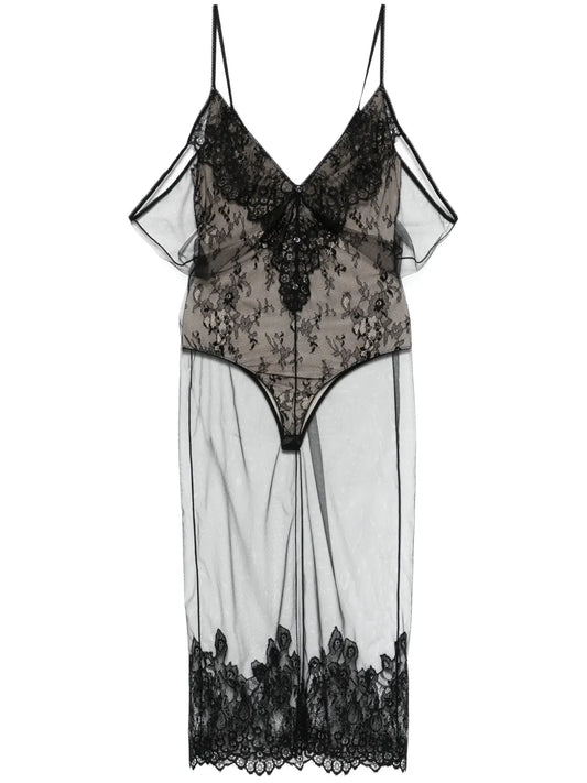 Tulle-Overlay Midi Dress