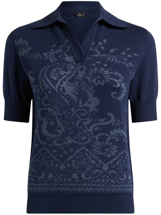 Paisley-Jacquard Polo Top