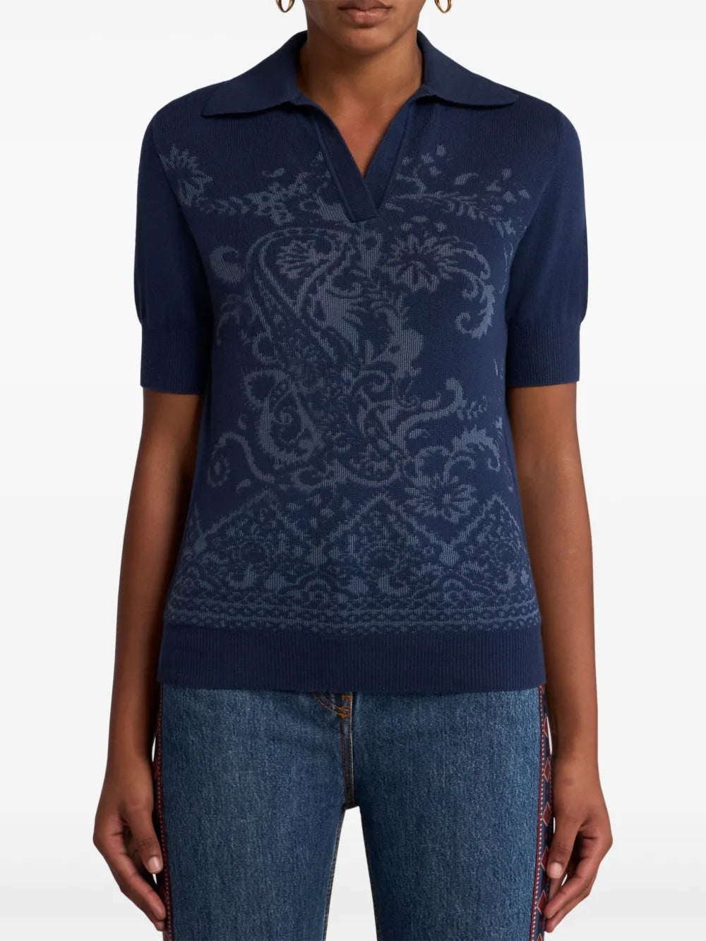 Paisley-Jacquard Polo Top