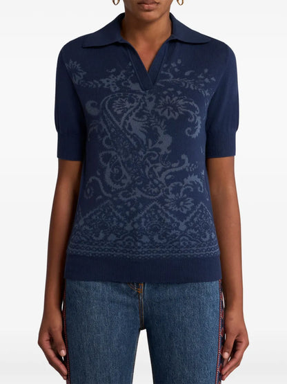 Paisley-Jacquard Polo Top