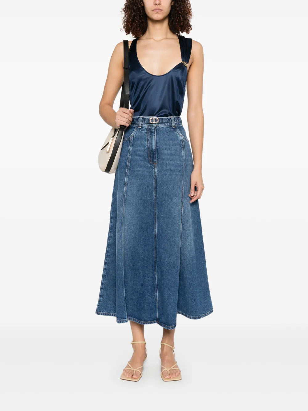 Oval T-Belt Denim Maxi Skirt
