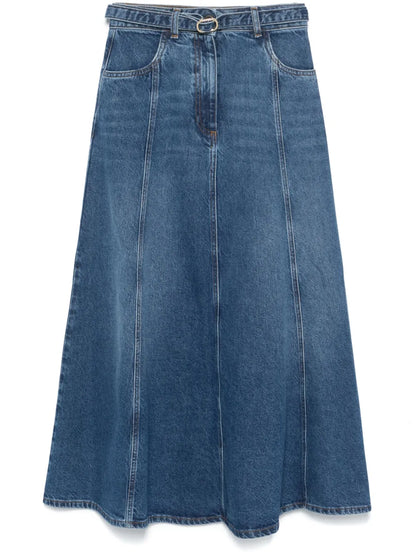 Oval T-Belt Denim Maxi Skirt