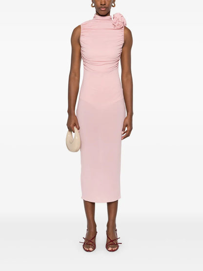 Ruched Mock-Neck Midi Dress