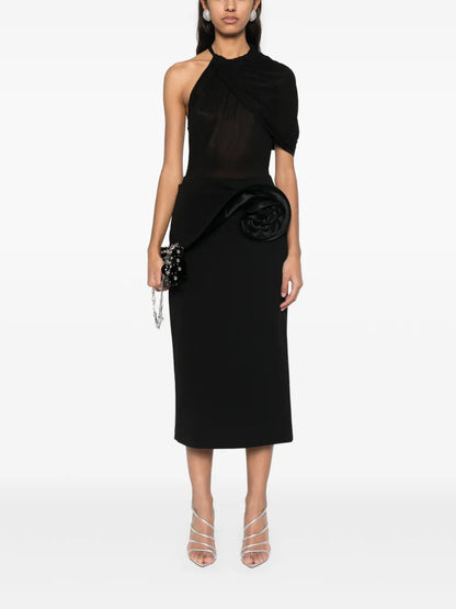 Floral-Appliqué Midi Skirt