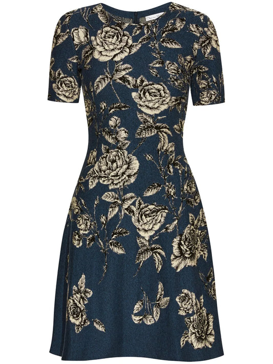 Rose-Print Jacquard Mini Dress