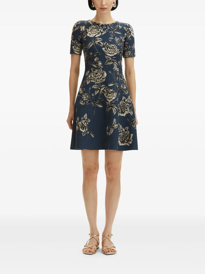 Rose-Print Jacquard Mini Dress