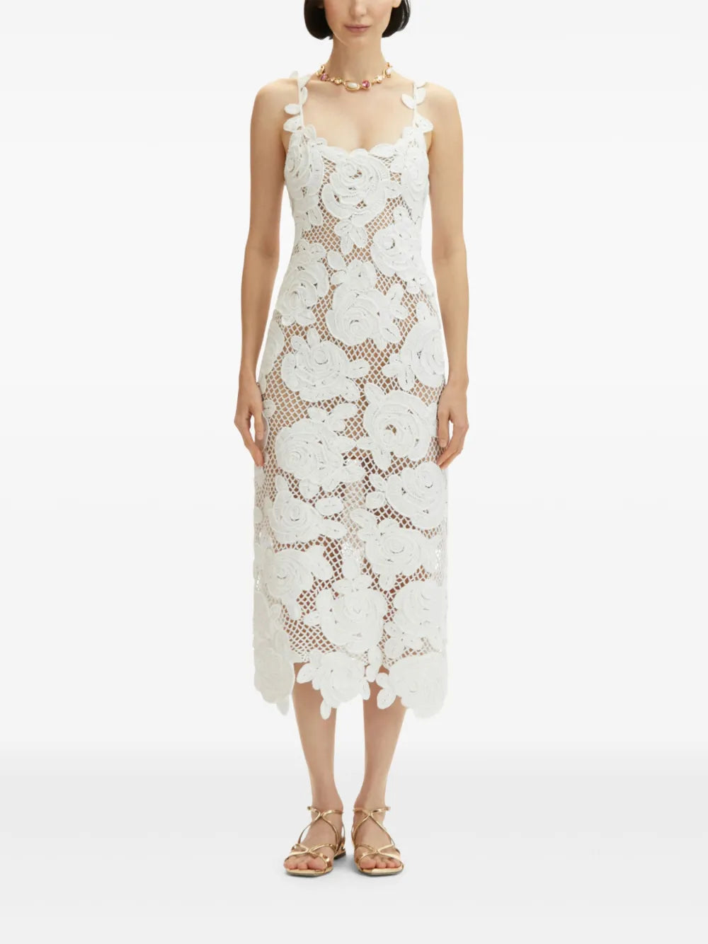 Rose-Embroidered Crochet-Knit Midi Dress
