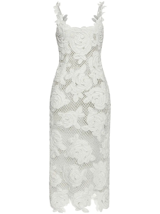 Rose-Embroidered Crochet-Knit Midi Dress