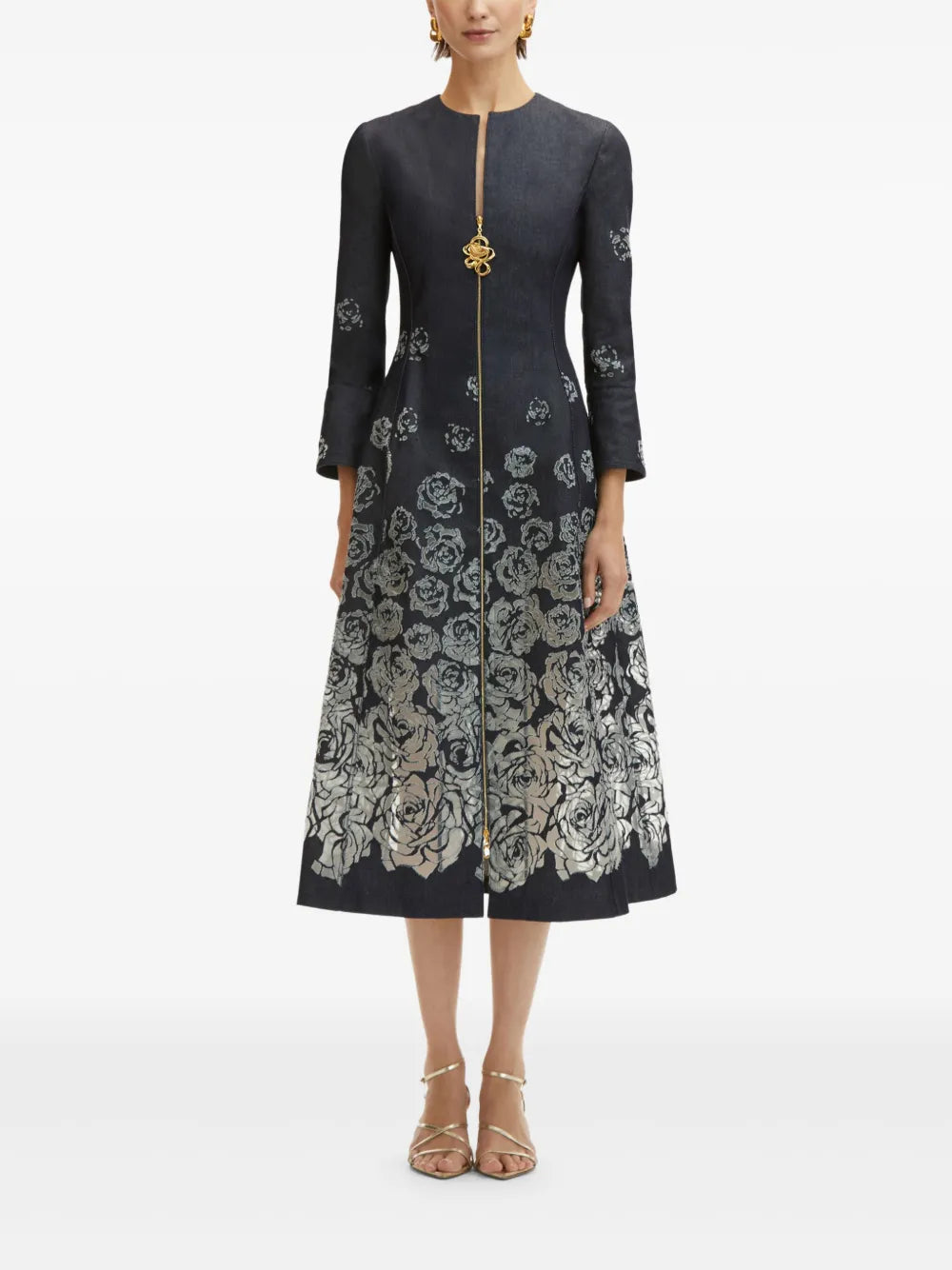 Rose-Motif Devoré-Effect Midi Dress