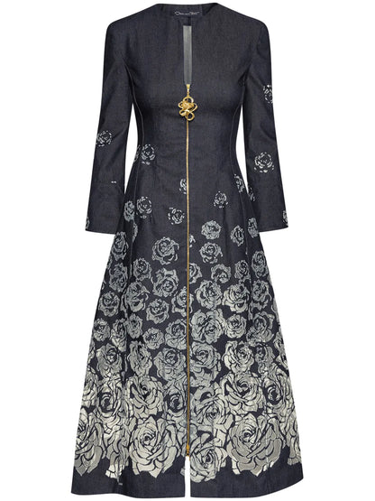 Rose-Motif Devoré-Effect Midi Dress