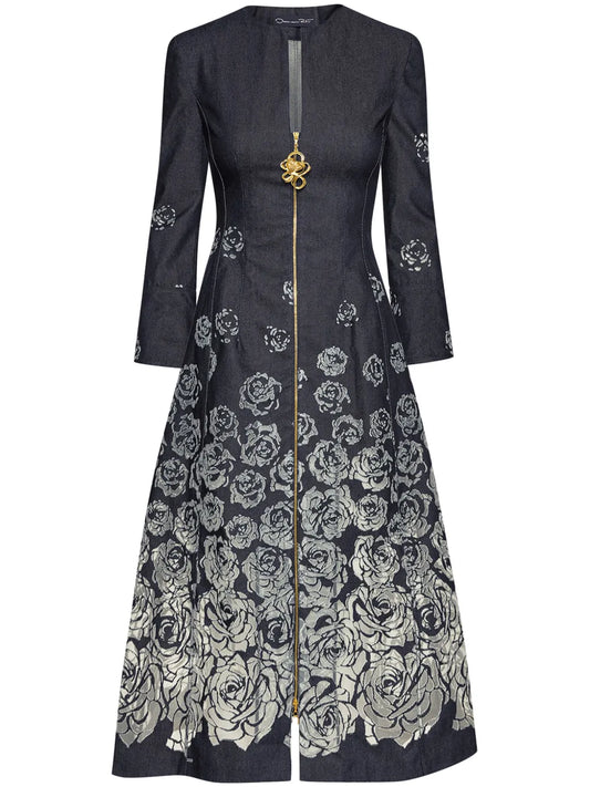Rose-Motif Devoré-Effect Midi Dress