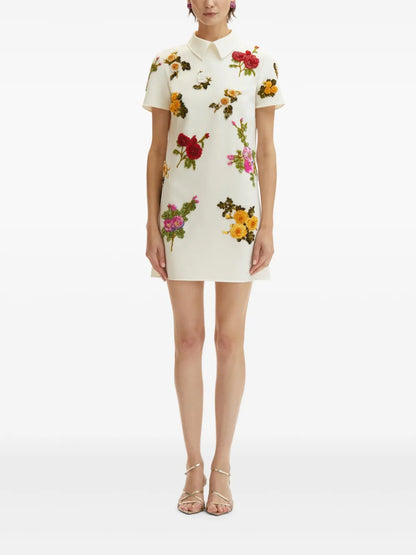 Rose-Embroidered Shift Mini Dress