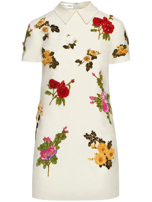 Rose-Embroidered Shift Mini Dress