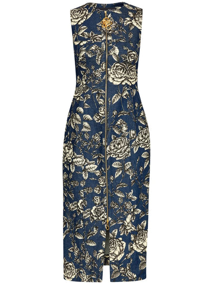 Rose-Print Denim Midi Dress