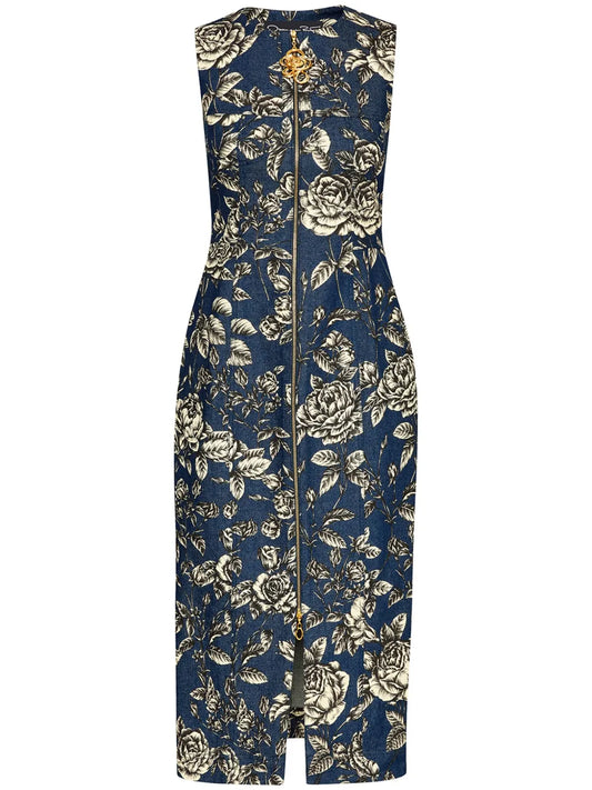 Rose-Print Denim Midi Dress