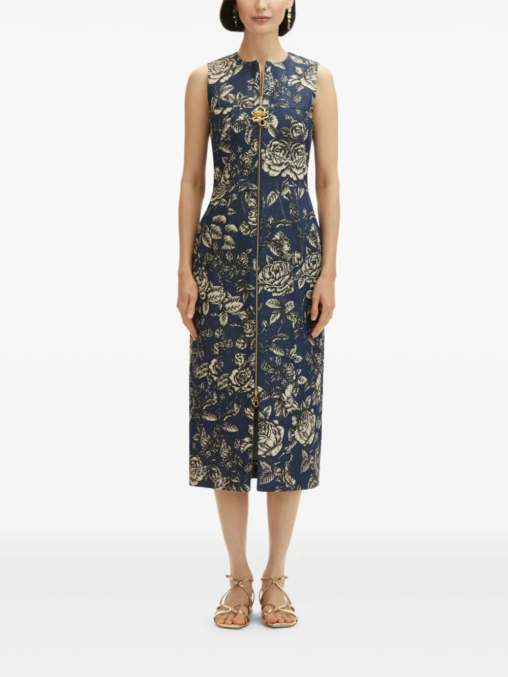 Rose-Print Denim Midi Dress