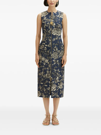 Rose-Print Denim Midi Dress