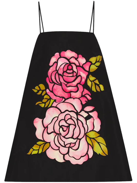 Rose-Print Trapeze Mini Dress