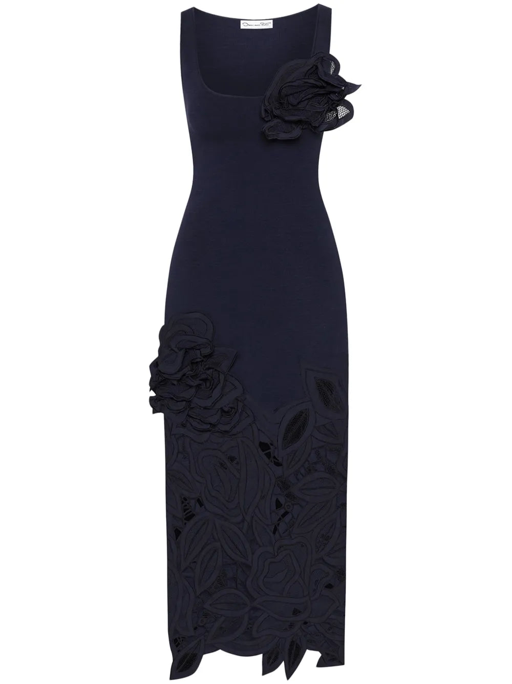 Rose-Appliqué Knitted Midi Dress