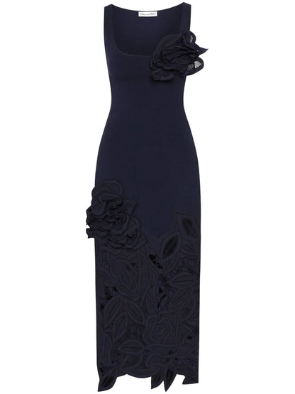 Rose-Appliqué Knitted Midi Dress
