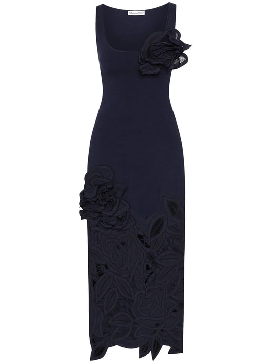 Rose-Appliqué Knitted Midi Dress