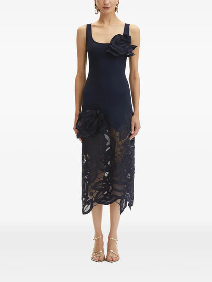 Rose-Appliqué Knitted Midi Dress