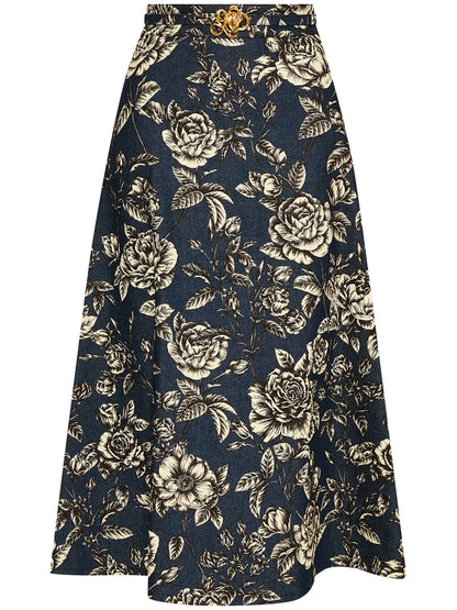 Rose-Print Denim Skirt