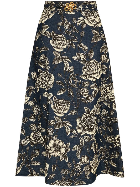 Rose-Print Denim Skirt