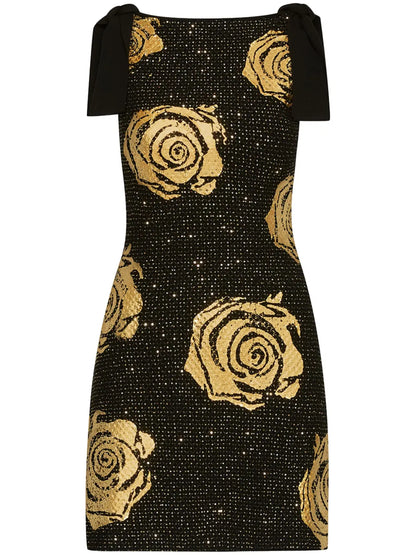Rose-Motif Foiled Mini Dress