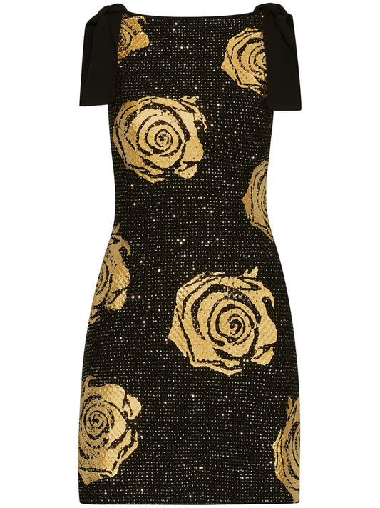 Rose-Motif Foiled Mini Dress