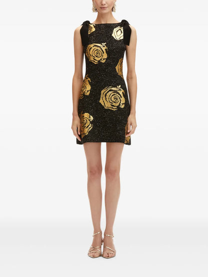 Rose-Motif Foiled Mini Dress