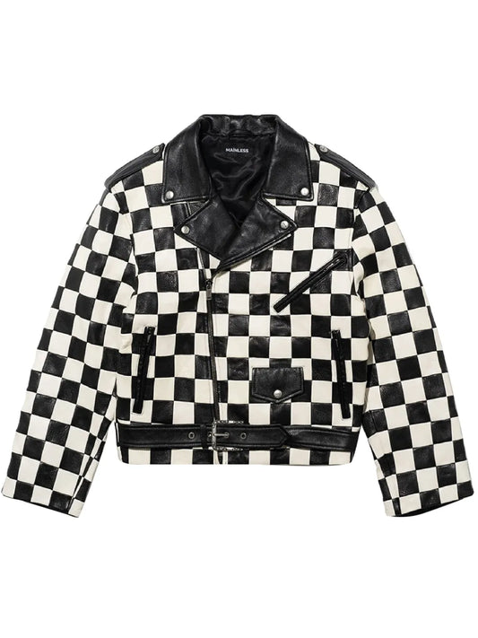 Check-Pattern Biker Jacket
